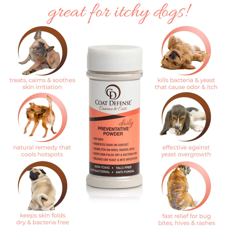 COAT DEFENSE Canine Daily Preventative Powder - Waterless Dog & Cat Dry Shampoo & Pet Deodorizer, Provides Itchy Skin Relief, Wound Care for Dogs & Dog Odor Removal Powder, 6 oz - PawsPlanet Australia