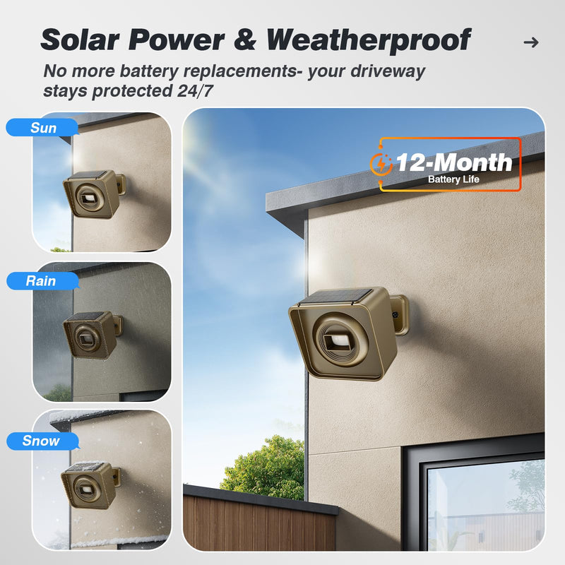 Solar Driveway Alarm Wireless Outside 1/2 Mile Long Range, 3 Sensitivity & Weatherproof for Outdoor/Indoor Property Security Alarm, Rechargeable Battery Expandable Motion Detector & Sensor 1 Receiver & 2 Sensors
