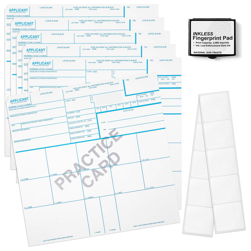 Made in USA - FD 258 Fingerprint Card 2025 Kit Full (6 Cards + 1 Practice Card) w/Reusable Ink Pad, Correction Tabs, Instructions FD258