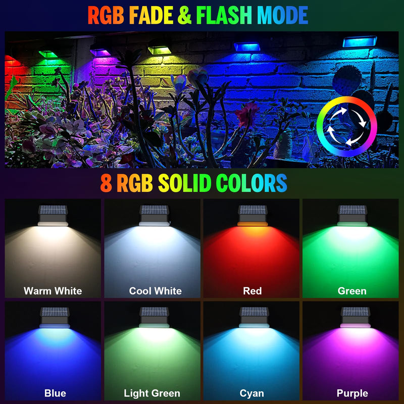 Solar Fence Lights, Warm White & RGB Fence Lights Outdoor Step Lights Outdoor Waterproof LED Solar Lighting for Outside, Backyard, Patio, Deck, Stair Handrail, Pool and Wall(8 Pack,Black) 8 Pack Solar Fence Lights