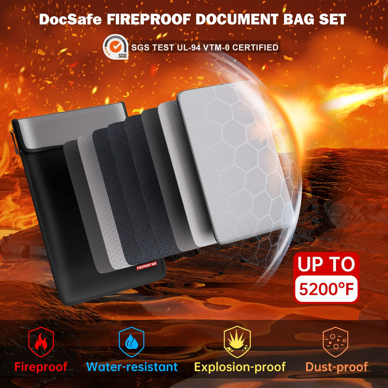 DocSafe Fireproof Document Bag (5200℉) with Fireproof Organizer Travel Case,Heat Insulated Fire＆Water Resistant 8 Layers Safe Money Bag Storage for Important Documents,Cash,Power Bank,Valuables,Black Black - NewNest Australia