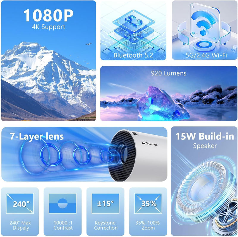 Mini Projector with WiFi 6 & Bluetooth 5.3, Smart Portable Projector 4K Support 200ANSI, Auto Keystone, 180° Rotatable, Android 11 Home Outdoor Movie Projector HY300pro+