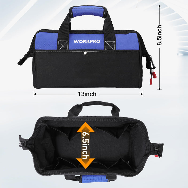 WORKPRO 13-inch Tool Bag, Wide Mouth Tool Tote Bag with Inside Pockets for Tool Storage Blue
