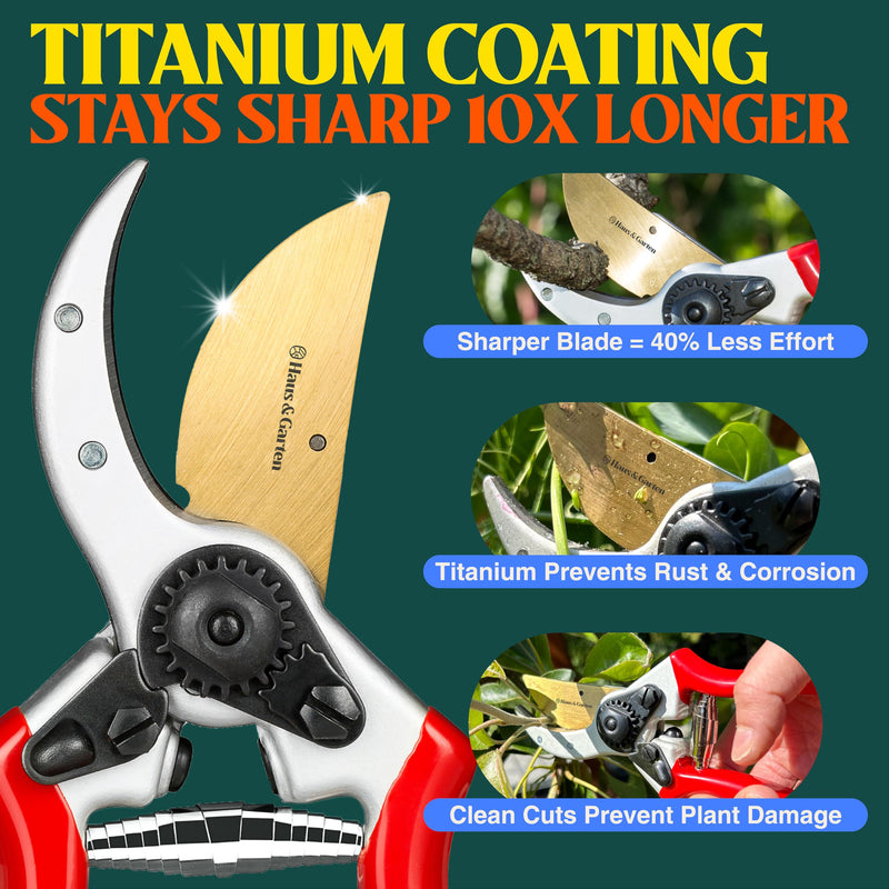 Haus & Garten ClassicPRO 8.5" Professional Premium Titanium Bypass Pruning Shears - Use As Pruners, Garden Shears, Heavy Duty Handheld Pruning Shears For Gardening, Clippers, Pruner Scissor Tool Red