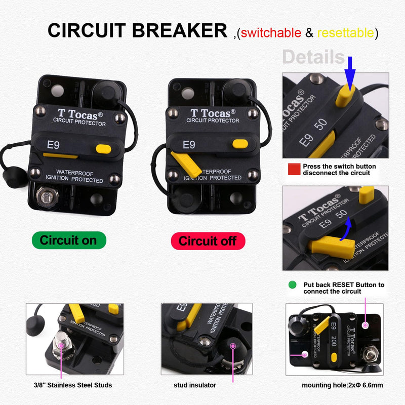 Hi-Amp 3/8“ Studs 200 Amp Circuit Breaker with Manual Reset Switchable for Boat Marine Car Audio Battery Solar System IP67, 12V - 48V DC, 200A Surface-Mount