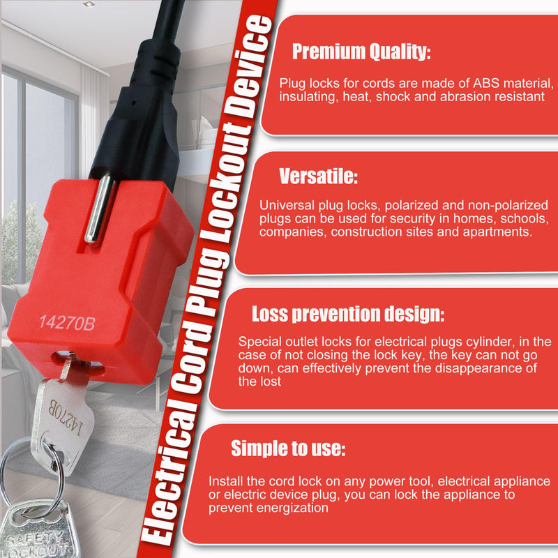 4PCS Plug Lock Electrical Cord Plug Lockout Device Plug Locking Safety Locks Fits 2 & 3 Prong Plugs Electrical Shutdown Service Keyed Different, 2 Keys Red-4