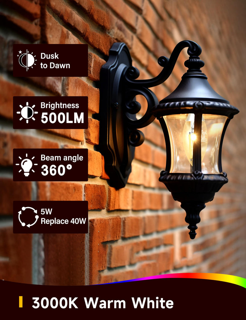 Dusk to Dawn LED Outdoor Light Bulb, Candelabra Light Bulbs Outdoor, 5W Equivalent 40W, 3000K Warm White, 500LM, Edison E12 Base B11, Photocell Sensor for Porch Sconces Patio Garage, 6 Pack