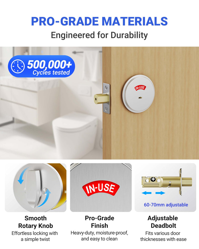 Grade 2 ADA Commercial Heavy Duty Privacy Deadbolt with Occupancy Indicator, Reversible Left/Right Handed, 2-3/4" Backset Vacant/In-use Bathroom door lock for Office/Resturant/Gym (1, Silver) 1