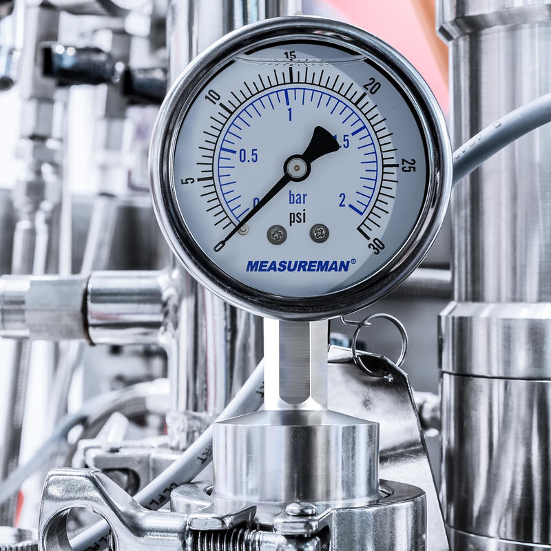 MEASUREMAN Stainless Steel Sanitary Pressure Gauge, 2.5” Dial, 0-30 PSI Range, Glycerin Filled, 1.5” Tri Clamp Bottom Mount 2.5",0-30 psi/bar Lower Mount