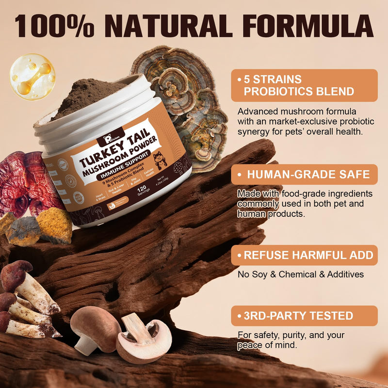 Mushroom Supplement with Probiotics for Dogs & Cats, Turkey Tail Mushroom for Pets - Mushroom Powder for Immune Boost & Overall Health- Partner Guard for Dogs Lumps and Bumps 1-Pack