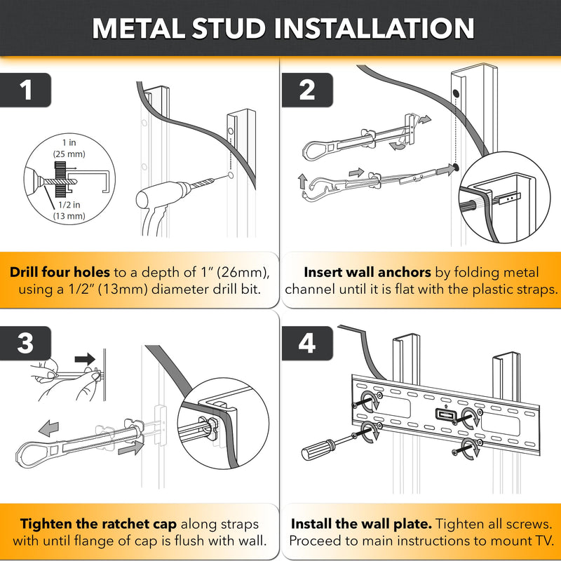 CondoMounts MSK9010 Steel Stud TV Mounting Kit | Wall Mount VESA Mount Screws, Anchors & Titanium Drill Bit | Heavy Duty TV Mounting Hardware Kit Supports 200lbs 4 Anchors