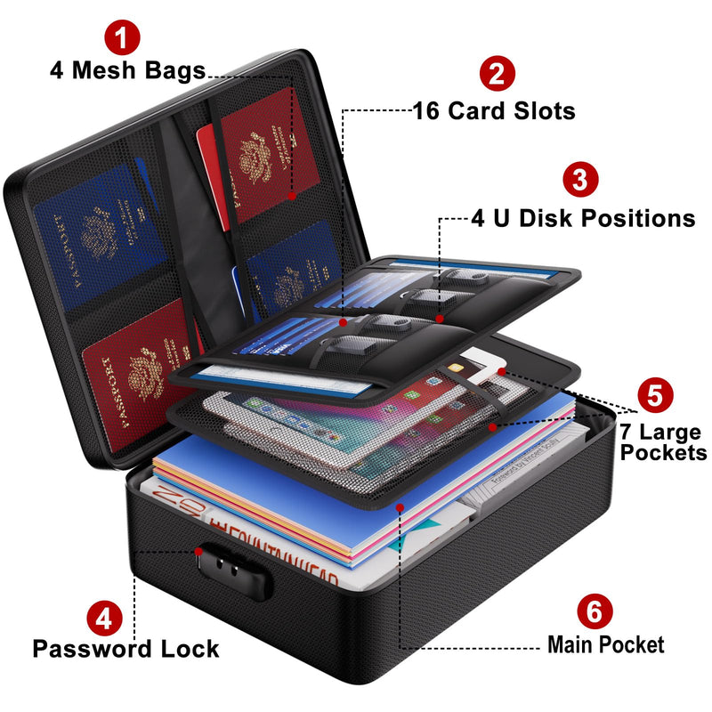ENGPOW Fireproof Document Bag with Lock,File Organizer Set with Zipper Money Case,5 Layers Protection Fireproof Safe Storage for Important Documents,Passport,Laptop,14.2"*10.6"*4",Soft Case Black