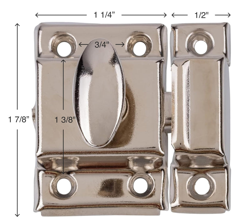 Small Stamped Nickel Plated Cabinet Door Latch - 1 7/8" × 1 7/8" - Spring Loaded Cupboard Door Latch with Oval Turn - Vintage Cabinet Hardware | UA-141-LPN (1)