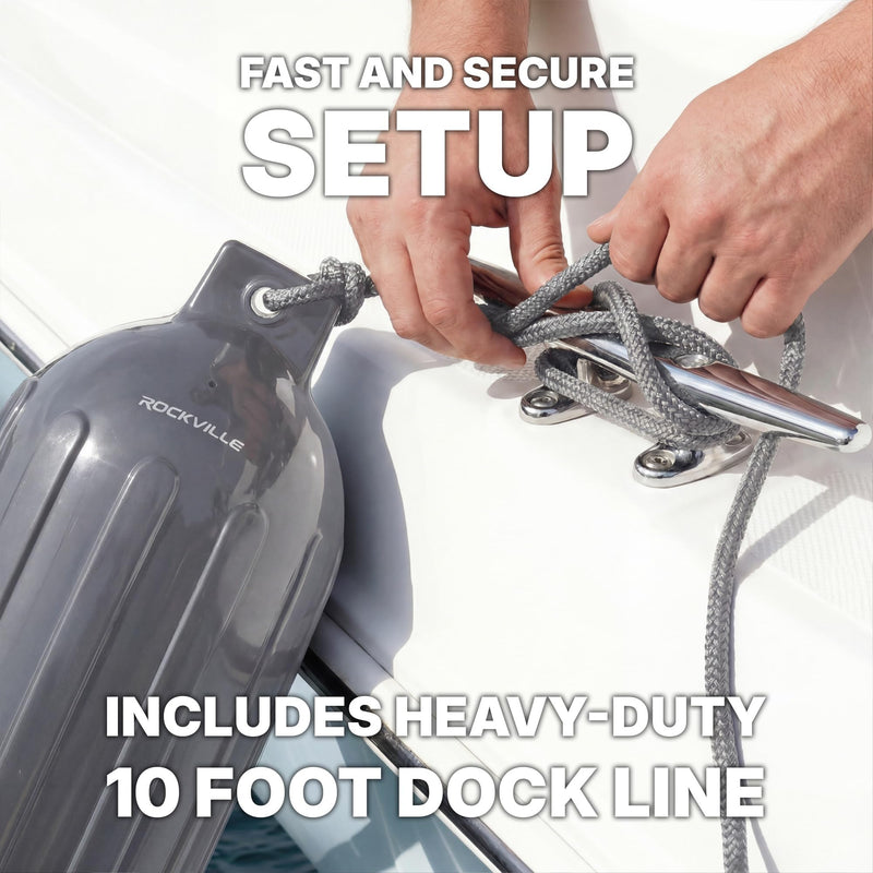 Rockville Boat Fender Package 4.5in x 16in Marine Bumpers with Dock Lines & Pump for Docking and Boat Protection Grey 2-Pack