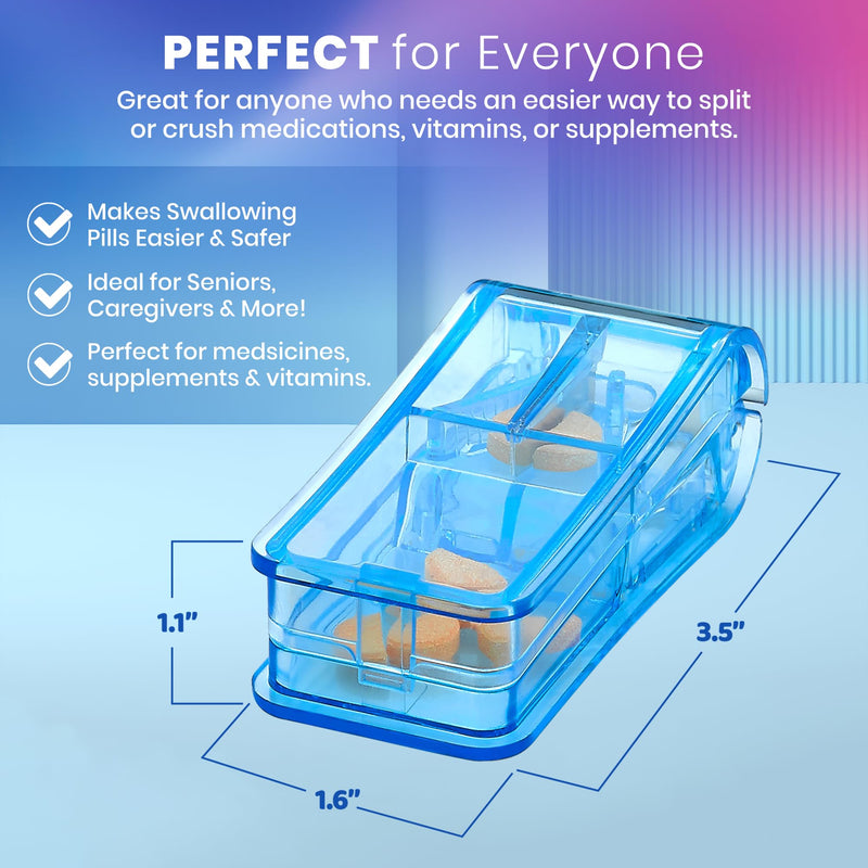 Pill Splitters - (Pack of 2) Pill Cutters with V- Grip for Small and Medication - Easily Cut Pills, Splitter | Cutter and Crusher with Pill Holder Case to Spli (1) Blue + (1) Clear