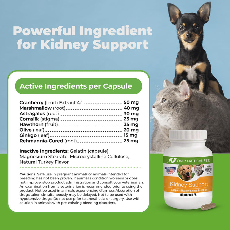 ONLY NATURAL PET Kidney Support Supplement | Supports Urinary Tract & Bladder Health w/Cranberry Extract | Incontinence Prevention (Capsules May be Opened and Contents Mixed w/Food) - 90 Capsules - PawsPlanet Australia