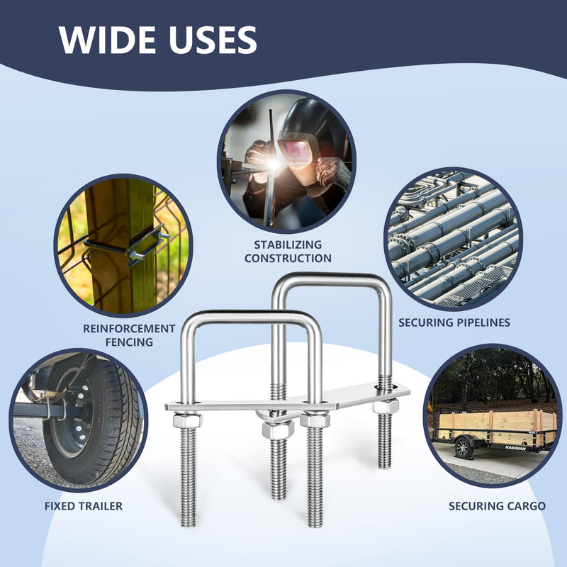 4 Sets M8 Square U-Bolts,u-Bolts 2 inch Wide,304 Stainless Steel Square u-Bolts,with Nuts,Bolt Plate and washers M8 x 50mm x 100mm 4