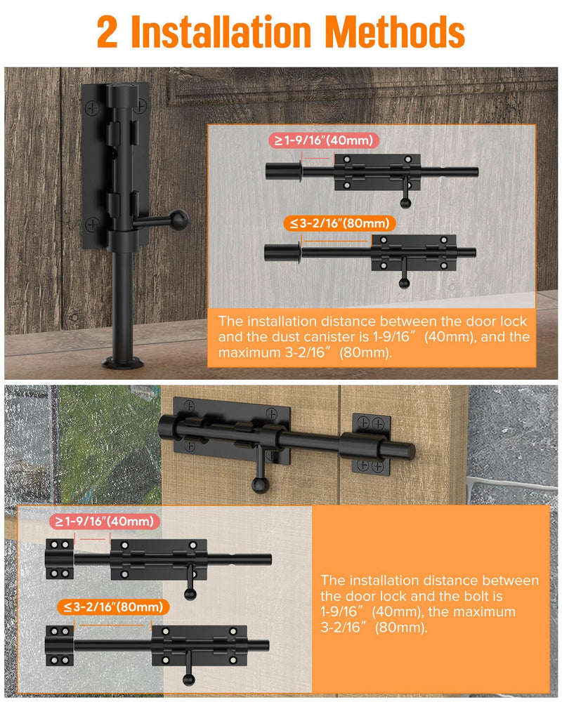 7.7" Barrel Bolt Latch, Heavy Duty Slide Bolt Gate Latch, SUS304 Stainless Steel Thickened Metal Gate Locks for Outdoor Fence, Shed, Wooden Gate, Barn, Patio, Courtyard (Black - 1pc) Black - 1pc