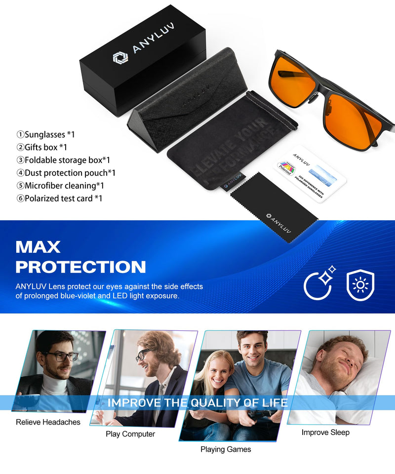 ANYLUV Blue Light Glasses Men, Relieve Eyestrain and Eye Protection, Al-Mg Metal Computer Blue Light Blocking Glasses (Max Protection) 01- Black Orange