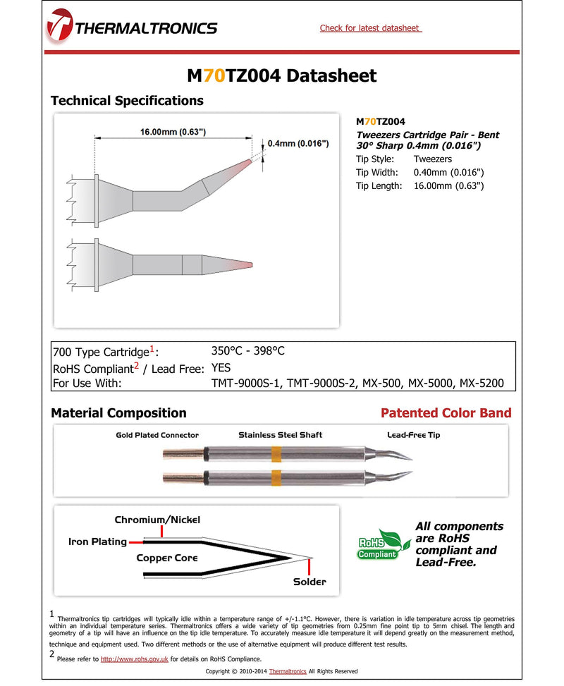 Thermaltronics M70TZ004 Tweezers Cartridge Pair - Bent 30deg Sharp 0.4mm (0.016in)
