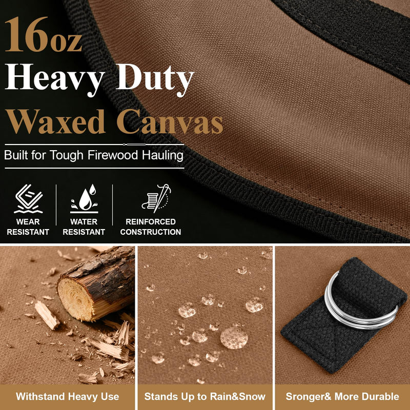 FEED GARDEN Firewood Carrier Bag Heavy Duty Waxed Canvas Log Carrier for Firewood Large Log Tote Fire Wood Carrying Bag with Handles for Easy Transport Carrying and Wood Stove Accessories Brown