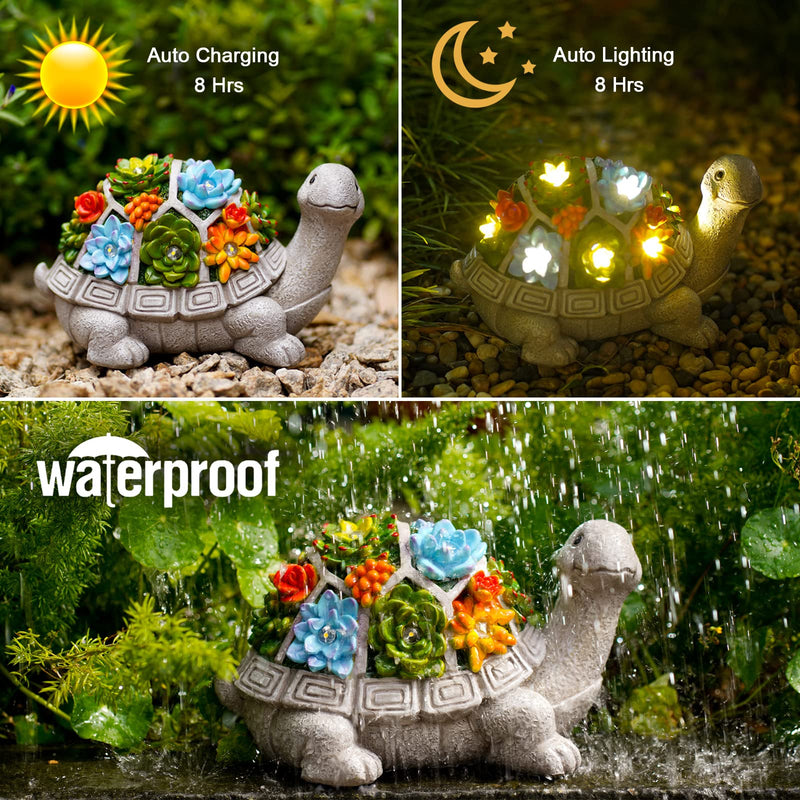 Nacome Solar Garden Outdoor Statues Turtle with Succulent and 7 LED Lights - Lawn Decor Tortoise Statue for Patio, Balcony, Yard Ornament - Unique Housewarming Gifts Grey Turtle
