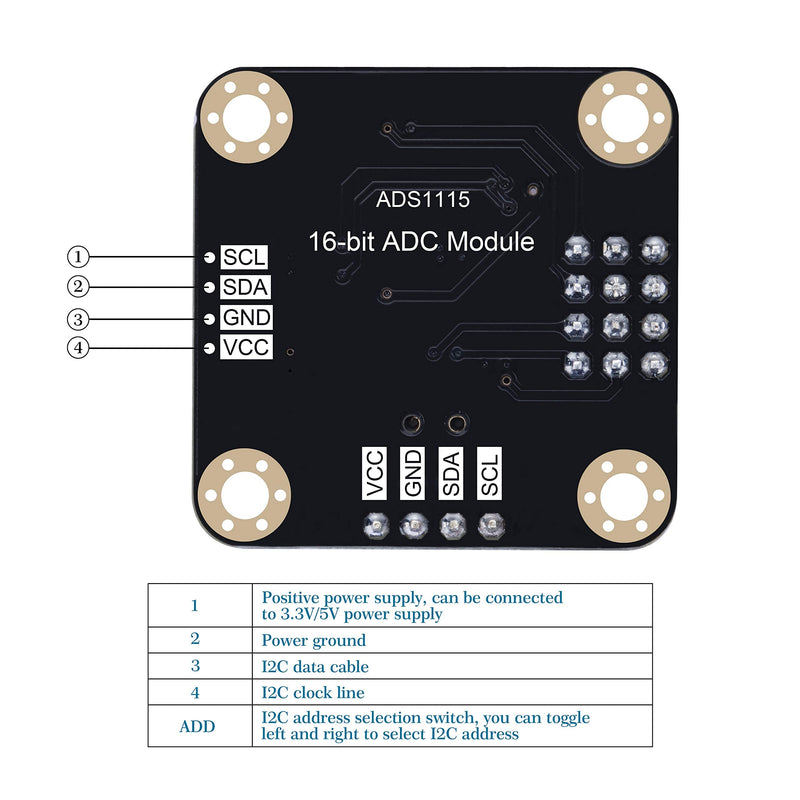 ADS1115 16-Bit ADC Conversion Module Compatible with Raspberry Pi and Arduino Boards. Achieve Analog and Digital Signal Acquisition or Conversion, 3.3V to 5V, I2C Address Selection Switch.