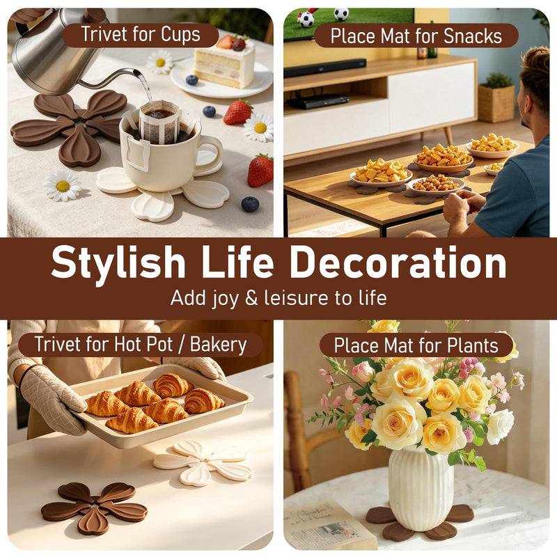 Silicone Trivets for Hot Dishes Pans Teapot Cups, Vynusio Trivet Tree Set 6 Pack Trivets +1 Stand - Collapsible Hot Pads Heat Pot Holders, Hot Pads for Table Countertops Kitchen, Latte Color Latte 6 Pack +1 Stand