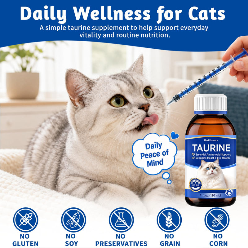 Taurine for Cats Drop 4 oz, Cats Taurine Supplement 200mg High Potency for Heart & Eye Health, Amino Acid Support for Vision & Immune System with 1ml Precision Syringe