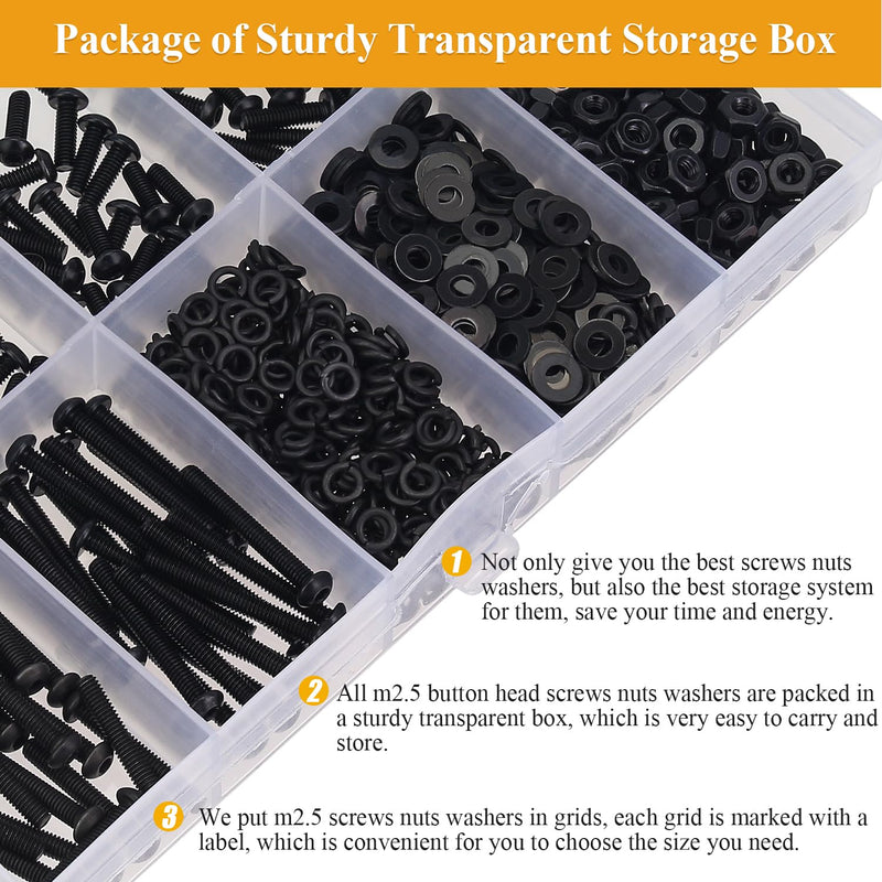 705 Pieces M2.5 Screws Nuts Washers Set Black, Sutemribor M2.5 x 4/6/8/10/12/16/20mm Button Head Socket Cap Screws Nuts Washers Assortment Kit, 10.9 Grade Alloy Steel, Fully Threaded M2.5 Screws Kit
