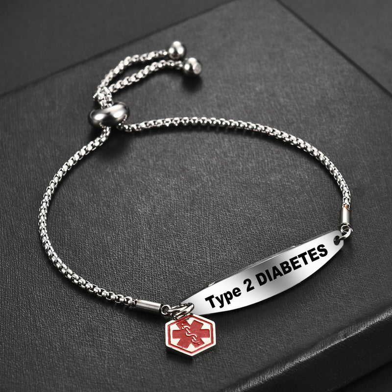 Medical Alert Bracelets for Women,Medical Id Bracelets with Free Laser Engraving,Stainless Steel Adjustable Wristband Bracelets Dual-Side Engraving Type 2 DIABETES