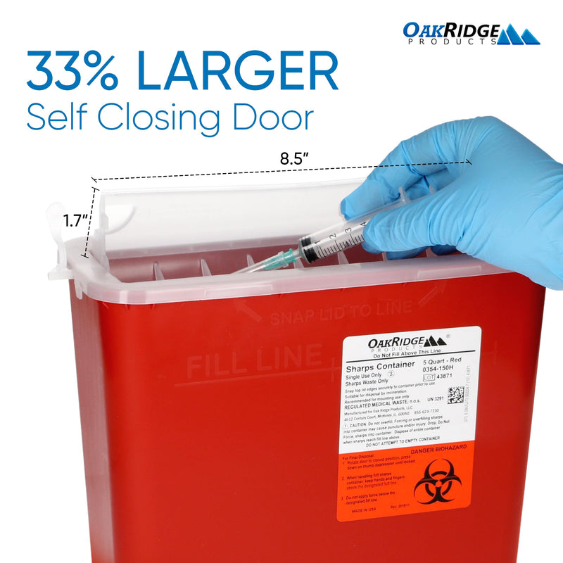 Oakridge Products Sharps Container for Home Use and Professional 5 Quart (1-Pack), Biohazard Needle and Syringe Disposal, Horizontal Drop Style Lid with levers, CDC Certified 1