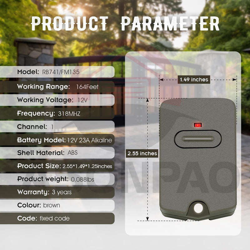 2 for RB741/FM135 GTO Mighty Mule Gate Opener Remote 3-Year-Warranty Brown