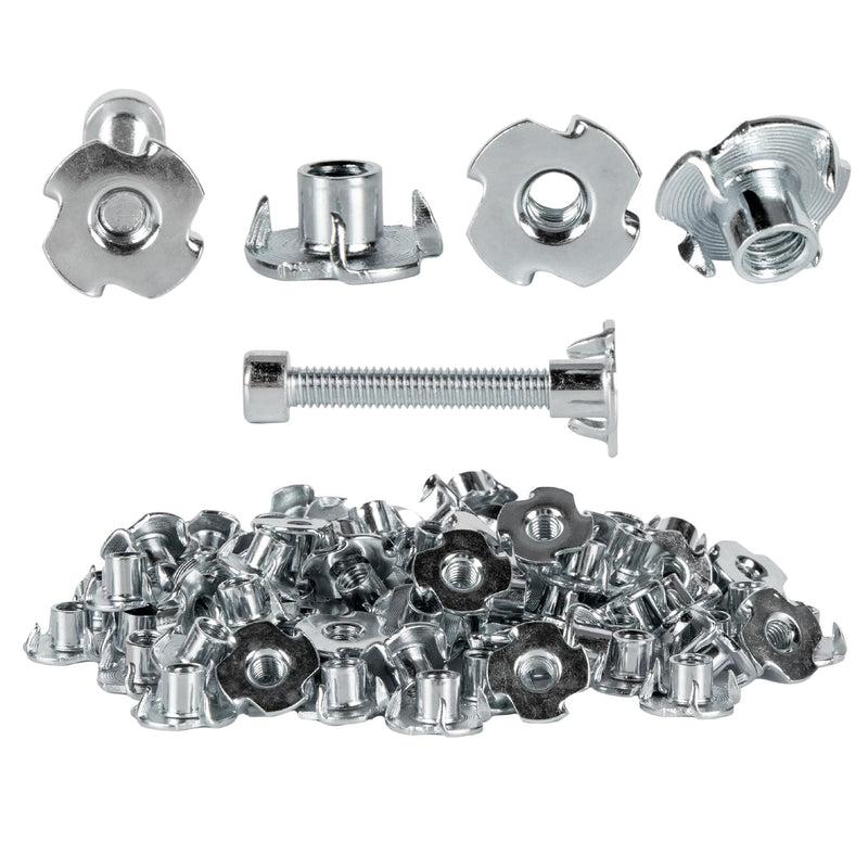 3/16" 100 Pack T Nuts Zinc-Plated Steel Corrosion Resistant 5/16" Barrel Length 4 Pronged Tee Nut for Rock Climbing Holds Woodworking Projects and DIY Projects