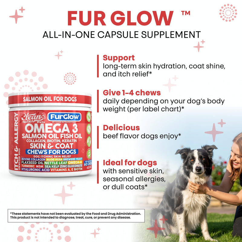 FurGlow Skin and Coat Supplement for Dogs Salmon Oil Omega 3 Fish Oil Turmeric Collagen Aloe Vera Flaxseed Oil Hyaluronic Acid Biotin Keratin Aloe Vera Allergy Relief Beef Flavor | Clean Nutra Pets