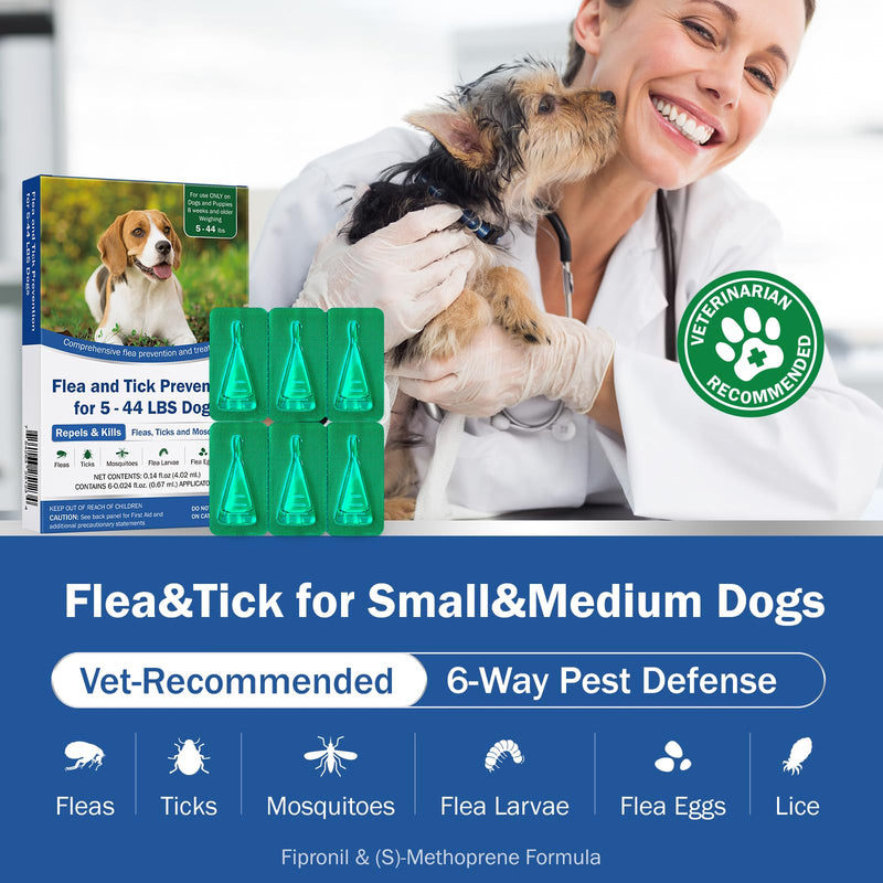 Flea and Tick Prevention for Dogs, 6-Pack, Dog Flea Tick Control, Repellent, Flea and Tick Prevention for Small Medium Dog 5-44 lbs, 24-Hour Protect, Flea Supplements for Dogs