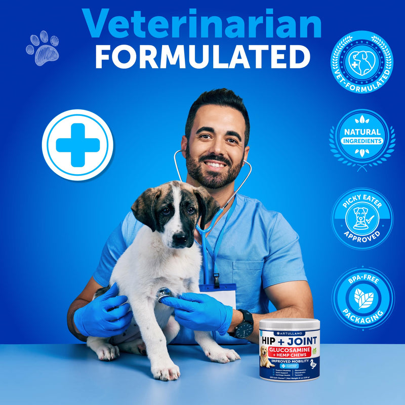 Hemp Hip and Joint Supplement for Dogs - Glucosamine for Dogs Joint Pain Relief - Chews with Chondroitin, MSM, Hemp Oil - Mobility Support, Cartilage Health - For Large, Small breeds - 120 Soft Treats Hip & Joint Hemp Chews 8 oz