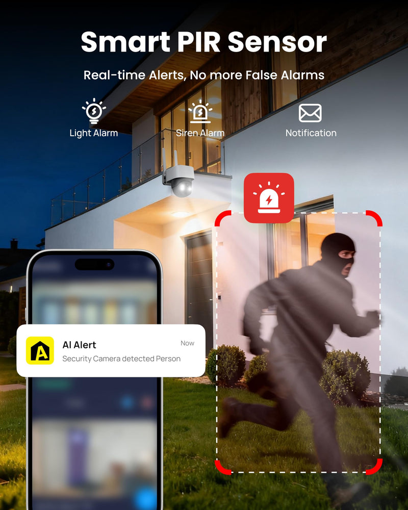 5MP Solar Security Camera Wireless Outdoor, 3K UHD WiFi PTZ Camera with Color Night Vision, Motion Tracking, AI Human/Vehicle Detection, 2-Way Audio, Support 256GB SD, IP65 Waterproof