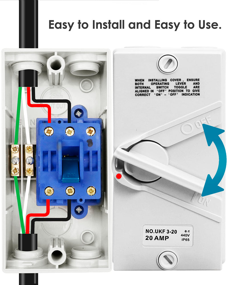 Enclosed Motor Disconnect Switch 20A 440V 3 Pole, IP65 Waterproof Heavy Duty Safety Isolation Switches, 20 Amp Disconnect Switch for Generator Welding Food Processing 20A 3 Pole