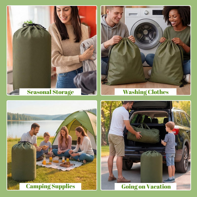Waterproof Dry Bag Green Laundry Clothing Bag with Rubber Liner Heavy Duty Nylon Drawstring Storage Backpack for Wet Weather Outdoor Travel Kayaking Boating Rafting Camping Hiking Beach