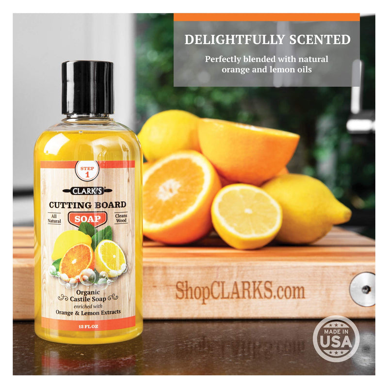 CLARK'S Cutting Board Organic Soap - Cleaner for Butcher Block, Countertop and Utensils - Enriched with Natural Orange & Lemon Extracts - Cleans and Restores Wood - Use Before Food Safe Mineral Oil Orange-Lemon