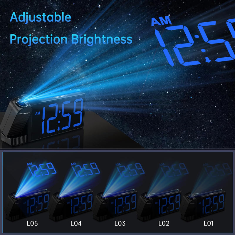 Peakeep Projection Alarm Clock for Bedroom Ceiling 180° Rotatable, Loud for Heavy Sleepers, Colorful Nightlight, 5 Brightness Dimmable Large Number Bedside Electric LED Digital Clock with USB Port Blue Digits; Blue Projection