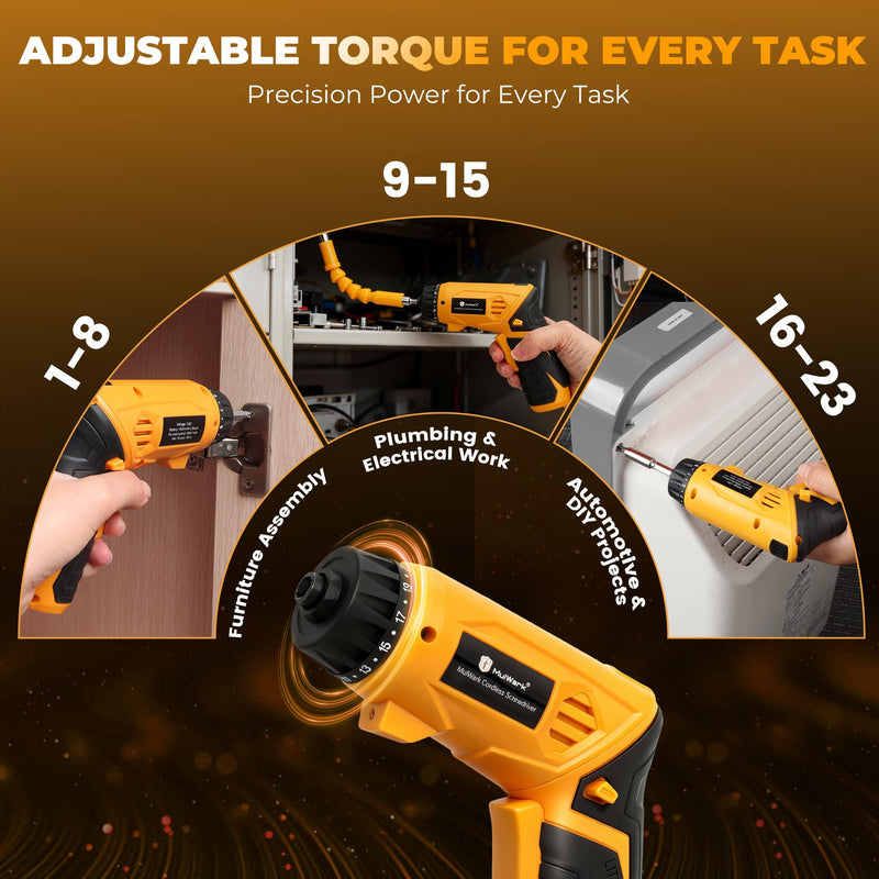 MulWark Electric Screwdriver Set, 4V Cordless Screwdriver with 46 Precision Driver Bit Set in Carrying Case Rechargeable 2-Position Handle, Powered Screwdriver Kit for Home Improvement, DIY Projects Yellow Medium