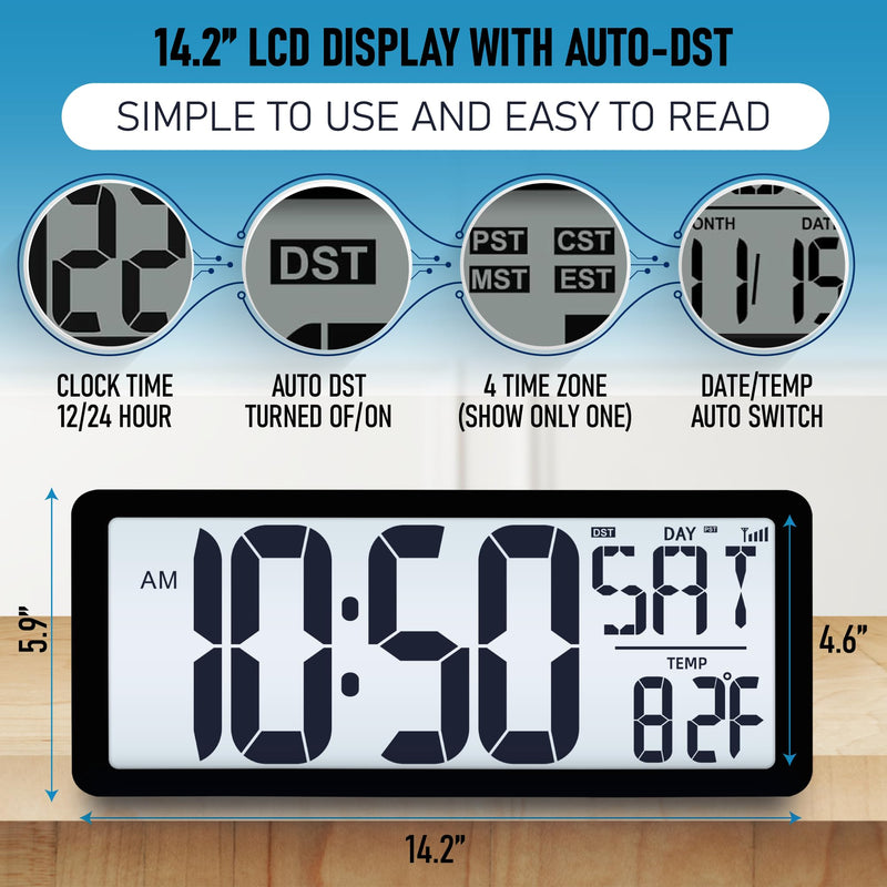 TXL Atomic Clock with Backlight, 14.2" Large Digital Wall Clock Battery Operated, Digital Clock Large Display with Day, Date & Temperature, Large Wall Clock for Bedroom, Livingroom, Office Black Atomic Backlight-14.2in