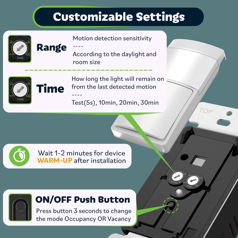 TOPGREENER PIR Motion Sensor Light Switch, Occupancy & Vacancy Motion Sensor Switch, 𝐎𝐩𝐞𝐫𝐚𝐛𝐥𝐞 𝐖𝐢𝐭𝐡𝐨𝐮𝐭 𝐆𝐫𝐨𝐮𝐧𝐝 𝐖𝐢𝐫𝐞, No Neutral Wire, Single Pole, TDOS5-HL-W-2PCS, White 2 Pack