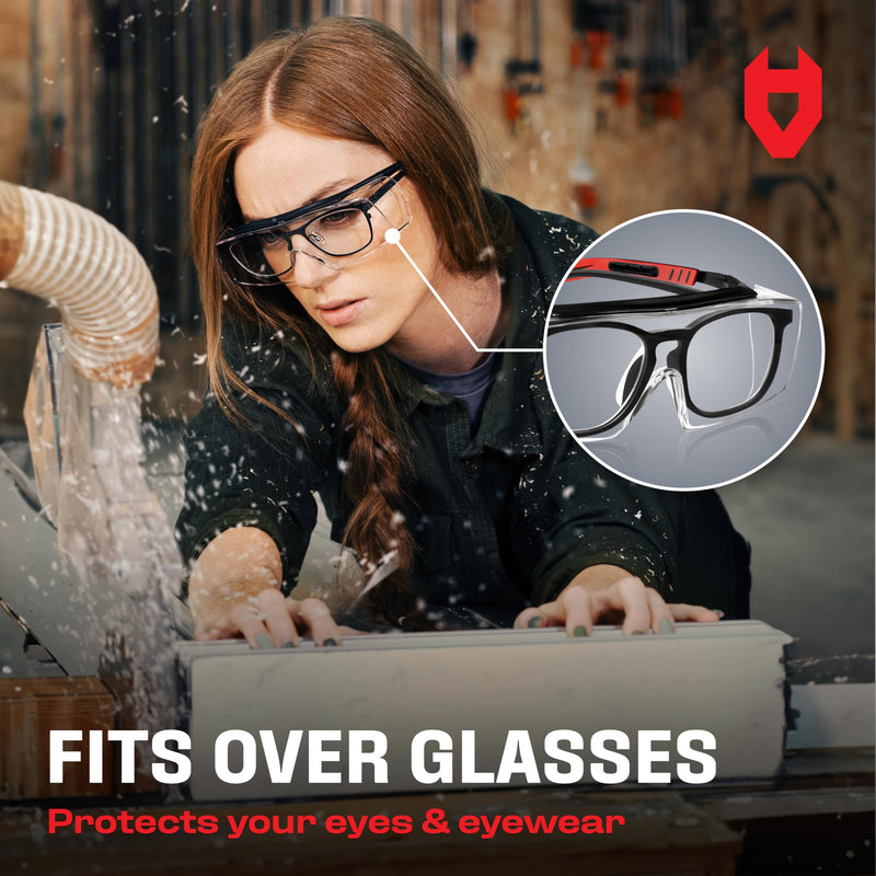 NoCry Safety Glasses Over Eyeglasses for Men and Women with Anti Scratch Lenses and Integrated Side Shields — Adjustable Temples with Anti-Slip Tips — 100% UV Protective Eyewear — ANSI Z87 Certified Black & Red Anti-Scratch