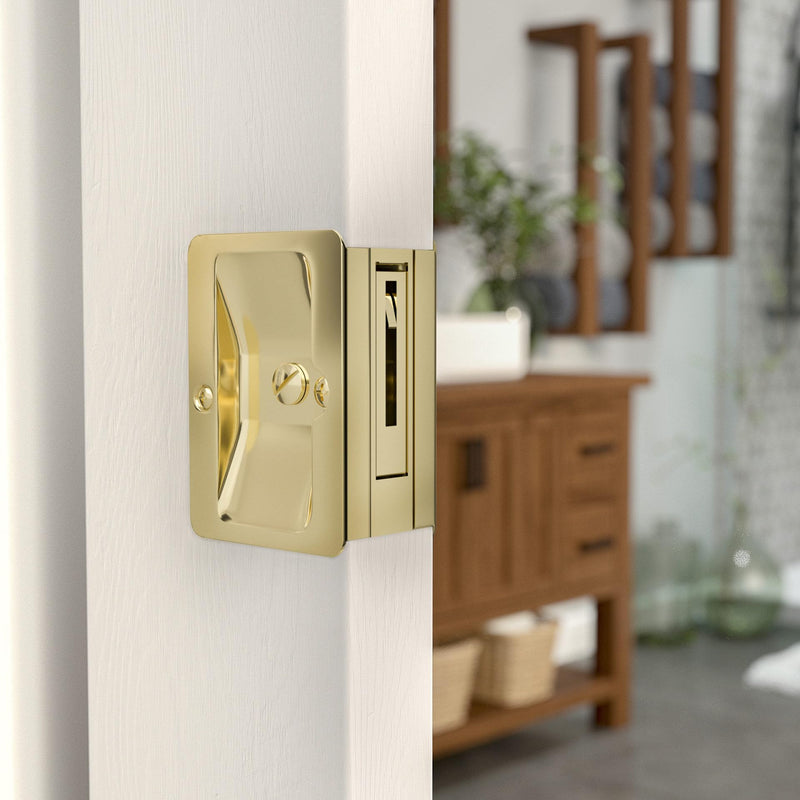 Richelieu Hardware 1701BPSBC Onward Pocket Door Pull, Privacy Lock, 3 1/4 in (82 mm), Rectangular, Brass