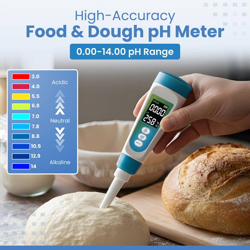 Digital pH Meter for Food - Professional pH Tester with Spear Probe for Sourdough, Fermentation, Hot Sauce, Canning, Cheese, Salami, Kimchi, Kombucha - Water-Resistant Kit with pH Calibration Powders Blue
