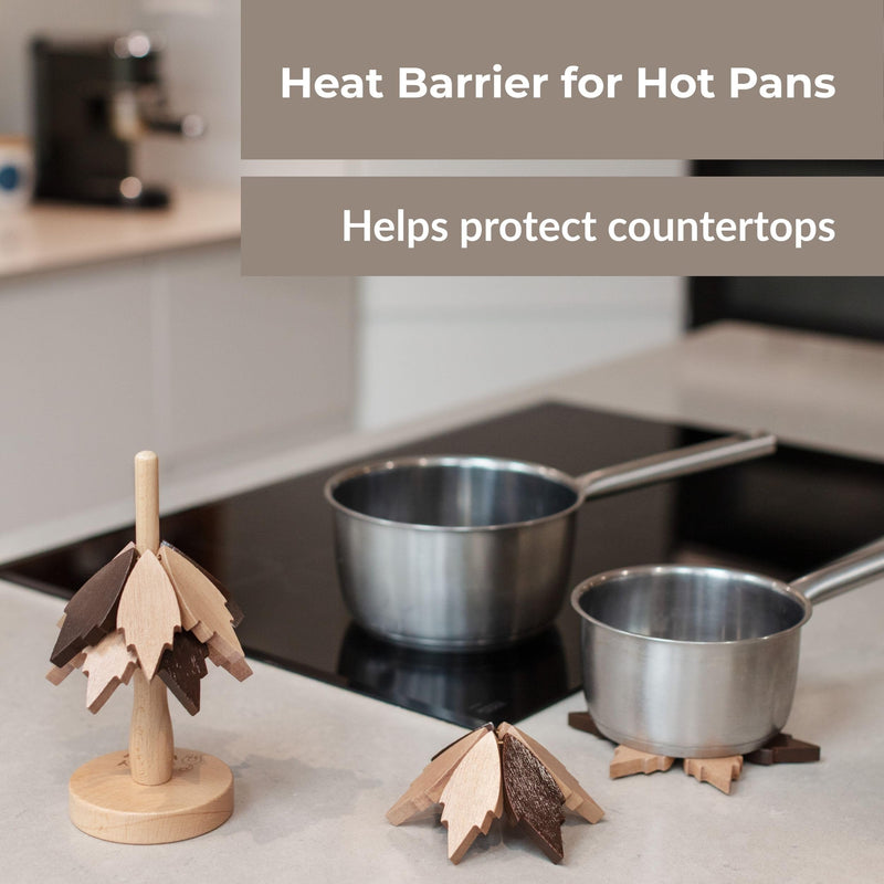 Expandable Wooden Tree Trivet Set – Modular Leaf Design, Non-Slip Silicone Base, Heat Resistant Pot Stand, Decorative Kitchen and Table Protection. Gift for mom
