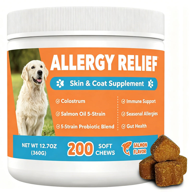 Dog Allergy Chews 200ct, Dogs Allergy Relief Chews for Paw Licking Itchy Skin Coat Supplement, Dog Itching Relief with Probiotics Colostrum for Dry Skin Itching Licking Seasonal Allergies Salmon